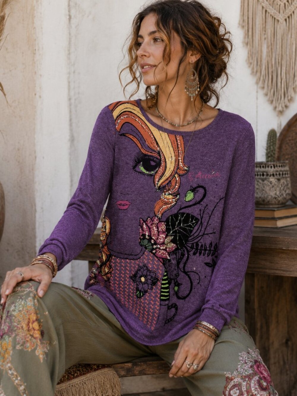 IB Diffusion Graphic Tunic Sweatshirt M Purple Artsy Boho Long Sleeve Lagenlook